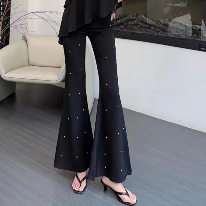Quần tây bốt chấm bi in họa tiết cho nữ, quần cạp cao giảm béo, quần ống loe khoe chân cao