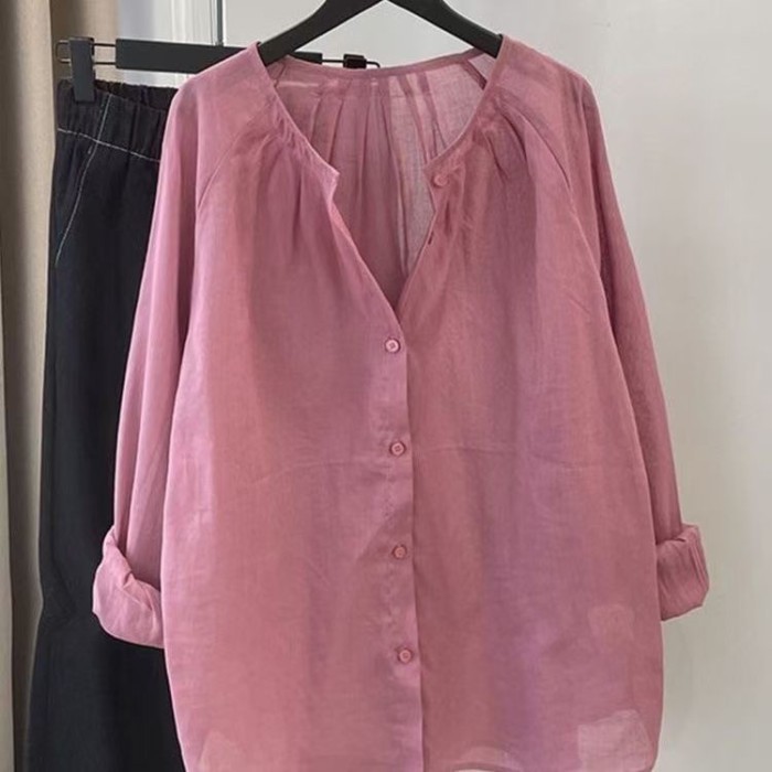 Áo sơ mi cotton và vải lanh nữ dài tay mùa hè mới cao cấp cổ tròn áo sơ mi màu xám nhẹ chống