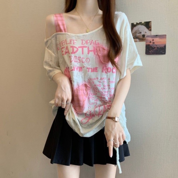 Kích thước lớn lỗ bướm vá áo thun ngắn tay dây rút dành cho nữ mới dáng rộng hàng đầu giảm bé
