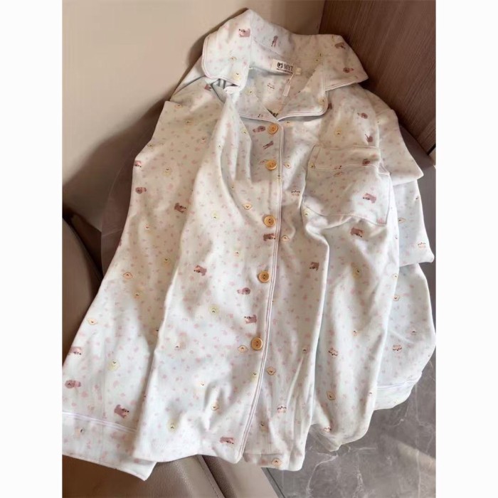 Bộ đồ ngủ màu trắng và xanh cô gái phong cách hoạt hình hoa cún con cotton dài tay và quần dà