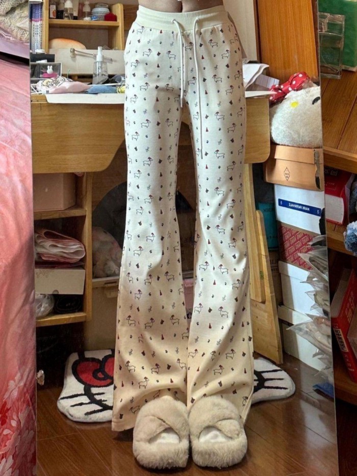 New Style Boot-cut Pants For Women, Cartoon Animal Print, High-waisted, Slim, Versatile, Fash