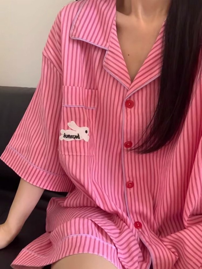 Korean Cartoon Striped Pajamas For Women Summer New Sweet Loose Short-sleeved Shorts Summer H