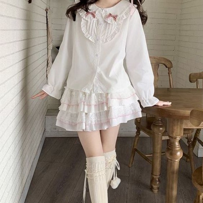 lolita bên trong mặc lolita tay phồng dài tay áo bên ngoài mặc dễ thương mềm mại cô gái top b
