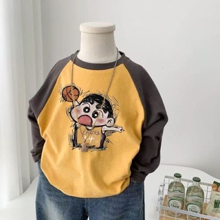 Áo thun bé trai mùa xuân thu mới dài tay mùa thu cotton nguyên chất cổ tròn đáy áo sơ mi đáy pho