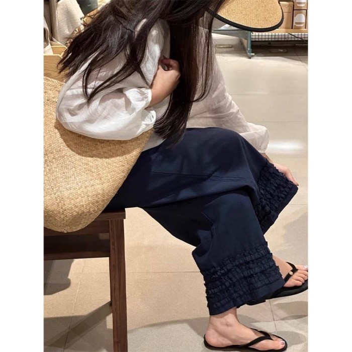Quần dài vải lanh mùa hè ren nấm hải quân dành cho nữ, quần ống rộng chín điểm thẳng mỏng
