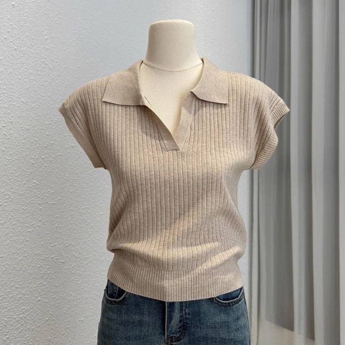 Áo thun dệt kim ngắn tay màu trơn cho nữ mùa thu, áo sơ mi dáng ôm cổ polo, áo sang trọng và phổ bi