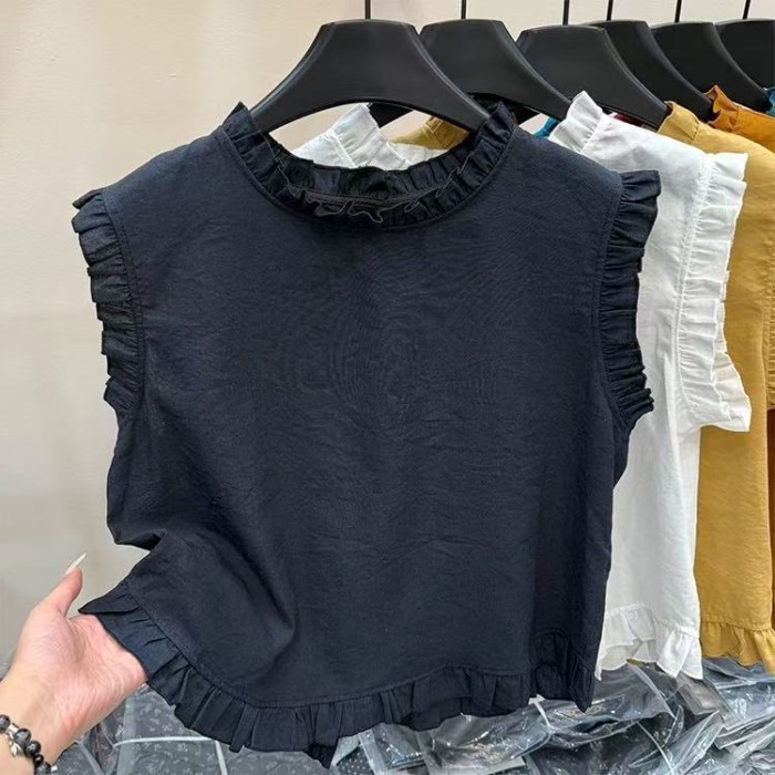 Áo sơ mi không tay phối ren cổ tròn đa năng mùa hè mới phong cách Hàn Quốc dành cho nữ Áo dáng r