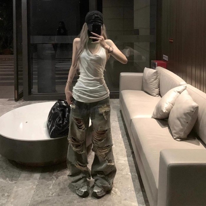 Quần denim rách cỡ lớn phong cách Mỹ quần ống rộng dạo phố