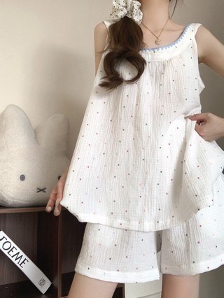 Bộ đồ ngủ cổ tròn chấm bi nhiều màu sắc ngọt ngào dành cho nữ dáng rộng dáng vest quần short