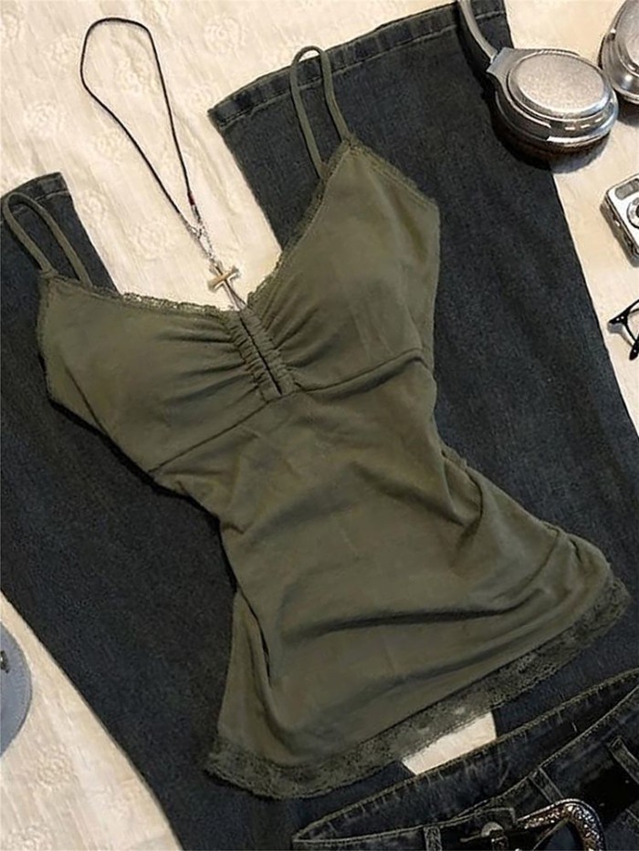 Korean Version Of Green Lace V-neck Camisole For Women Summer New Hot Girl Slimming Sexy Top