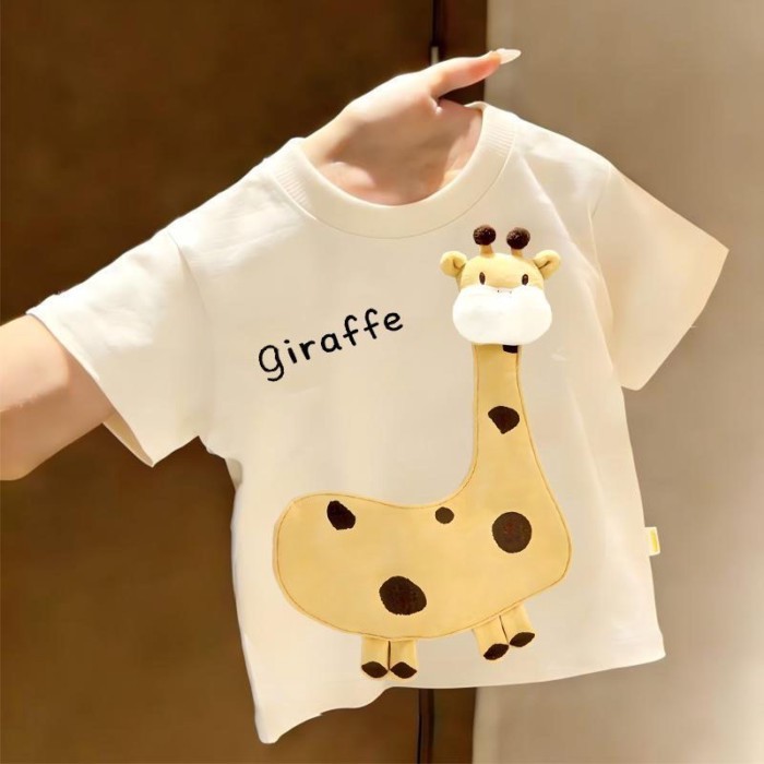 Áo thun ngắn tay trẻ em , áo hình hươu cao cổ mỏng siêu xinh, cotton nguyên chất dễ thương dành