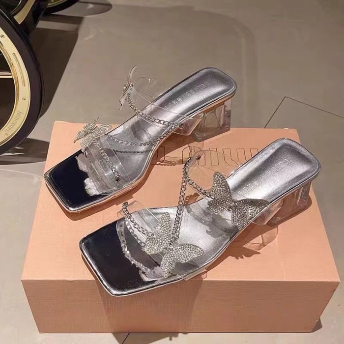 Giày sandal đế dày trong suốt hình bướm bạc phong cách cổ tích dành cho nữ mùa xuân hè thời trang g