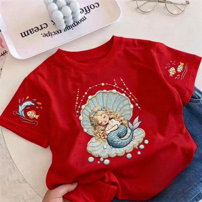 Summer Cartoon Creative Mermaid Imitation Embroidery Printed Short-Sleeved Girls Cute All-Matc
