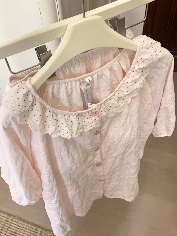 Bộ đồ ngủ ren hồng nhạt cho nữ có đệm ngực, cổ tròn, tay ngắn, bộ đồ mặc nhà nữ tính ngọt ngà