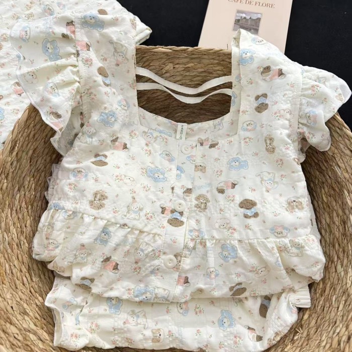 Bộ đồ ngủ màu kem cho chó có miếng đệm ngực cho nữ mùa hè hoạt hình dễ thương quần short treo