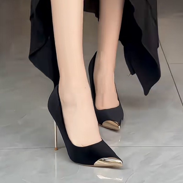 Da lộn màu đen kim loại giày cao gót nữ đế dự tiệc cao cấp hoàng gia nữ miệng nông mũi nhọn giày
