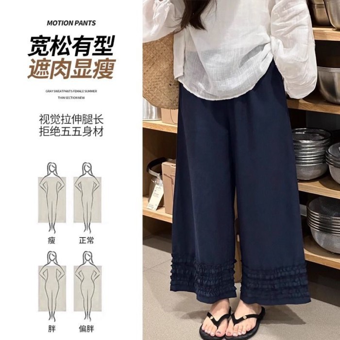 Quần dài vải lanh mùa hè ren nấm hải quân dành cho nữ, quần ống rộng chín điểm thẳng mỏng