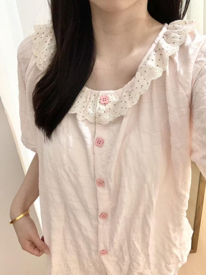 Bộ đồ ngủ ren hồng nhạt cho nữ có đệm ngực, cổ tròn, tay ngắn, bộ đồ mặc nhà nữ tính ngọt ngà