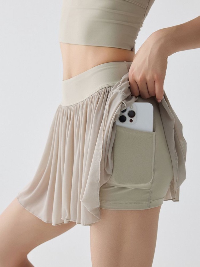 Thể thao nửa chiều dài yoga mặc quần culottes lưới váy thể thao nữ nhanh khô thể dục cầu lông váy t
