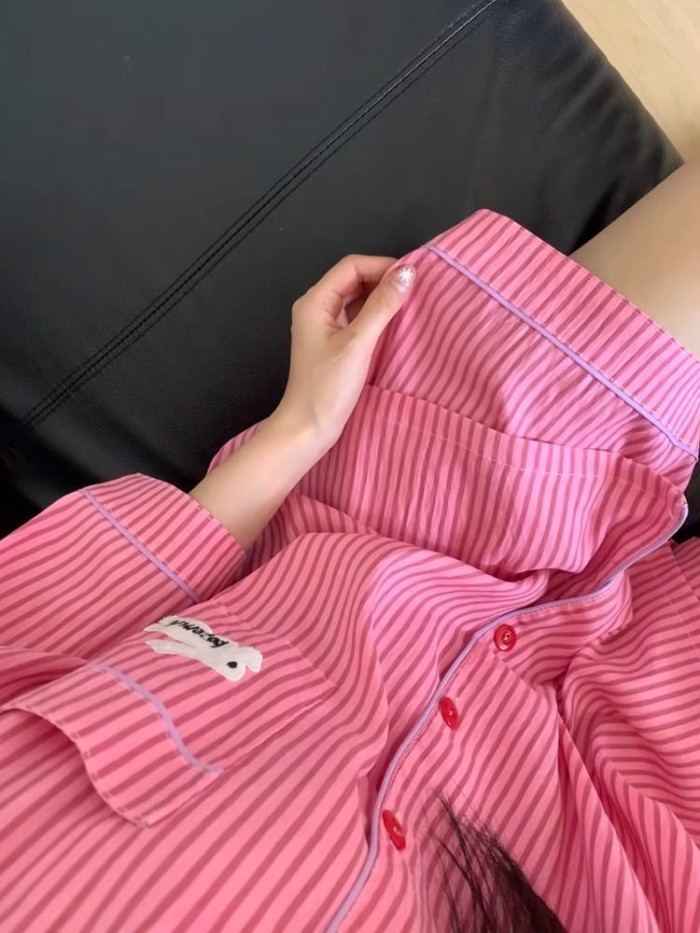 Korean Cartoon Striped Pajamas For Women Summer New Sweet Loose Short-sleeved Shorts Summer H
