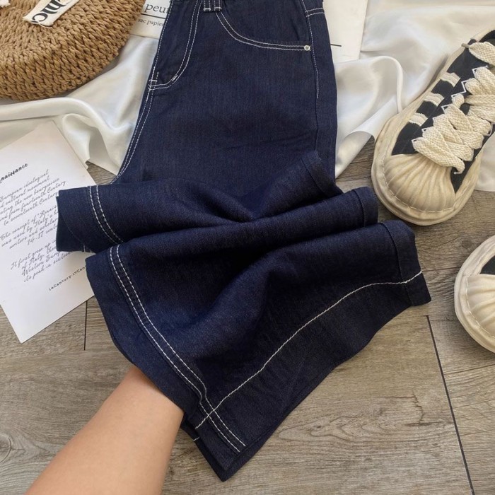 Quần jean ống rộng dành cho nữ mới cỡ lớn da thương hiệu thiết kế denim màu xanh lưng cao dài