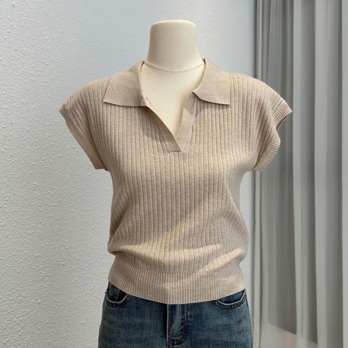 Áo thun dệt kim ngắn tay màu trơn cho nữ mùa thu, áo sơ mi dáng ôm cổ polo, áo sang trọng và phổ bi