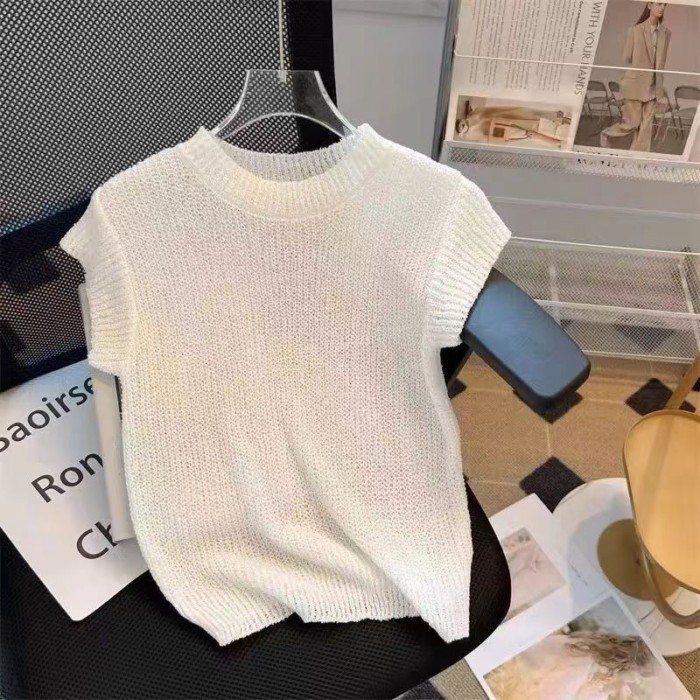 Áo thun mỏng dệt kim ngắn tay phong cách retro mùa hè mới dáng ôm rỗng áo ngắn đế trắng