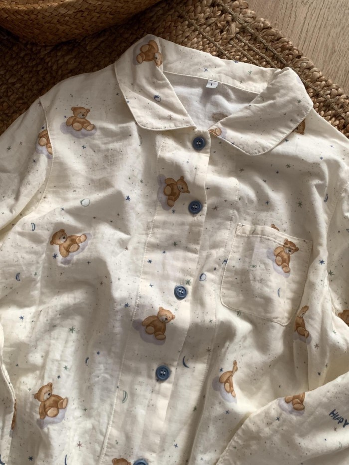 Bộ đồ ngủ in hình gấu hoạt hình dài tay cotton thoải mái mặc ở nhà Bộ áo khoác ngoài
