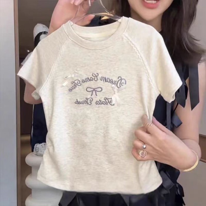 Middle And Large Children's Waist Slimming Short Top Summer Embroidered Letter Bow Lace Ragla