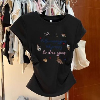 Quần áo trẻ em cỡ vừa và lớn in hình xếp li mỏng cổ tròn ngắn tay có vai phải cho mùa hè sửa chữa q