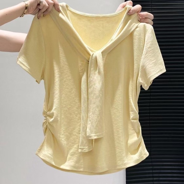 Áo thun ngắn tay khăn choàng hai mảnh giả dành cho nữ, eo thon, thiết kế vai phải, áo nhỏ xin