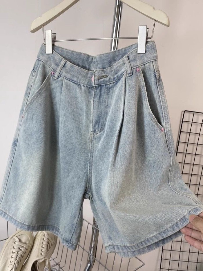 Thời Trang Retro Ống Rộng Quần Short Denim Nữ Mùa Hè Cao Cấp Size Lớn Rời Ôm Vừa Quần