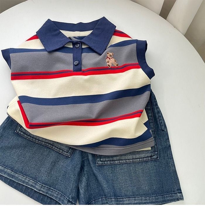 Áo vest polo trẻ em mới, thiết kế thêu gấu, áo thun không tay sọc cho bé trai và bé gái