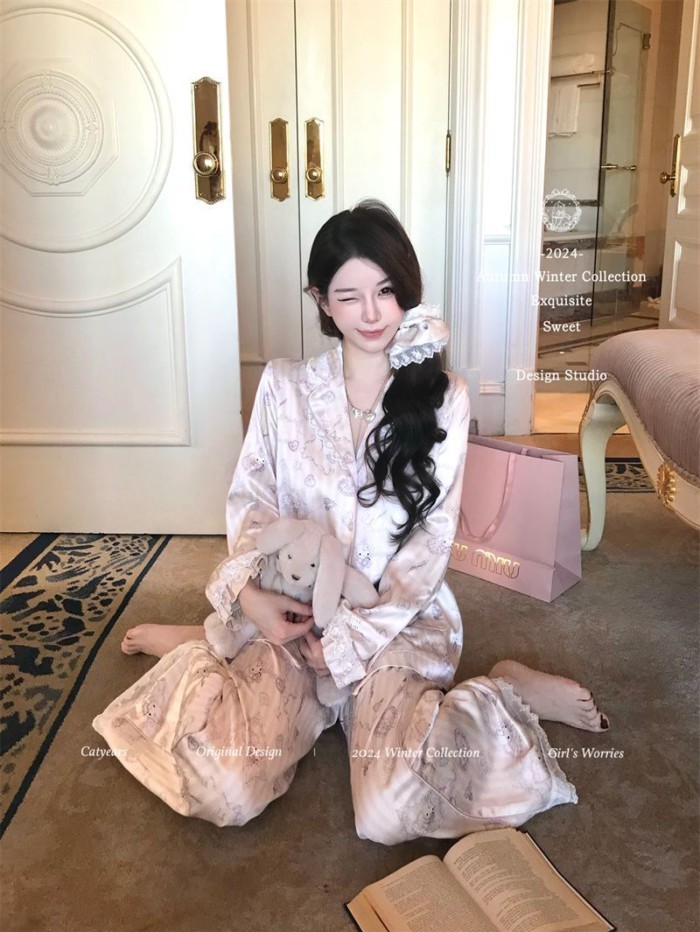Bộ đồ ngủ mèo sọc ren kiểu Hàn Quốc dễ thương quần dài tay dài dành cho nữ Bộ quần áo ở nhà k