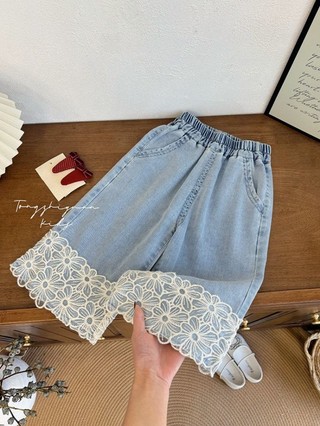 Nữ Mùa Hè Quần Jean Mỏng Trẻ Em Phối Ren Rời Quần Cắt Trẻ Em Ống Rộng Đa Năng Quần Ống Suông