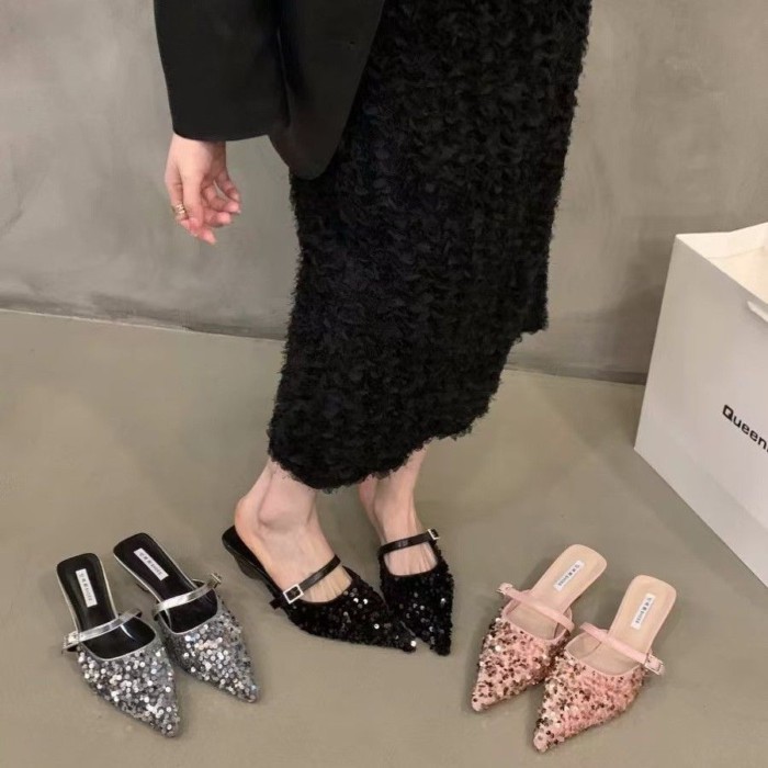 Dép xỏ ngón Baotou dành cho nữ mặc ngoài mùa hè sequin mũi nhọn Mule giày nữ sandal và dép có khóa