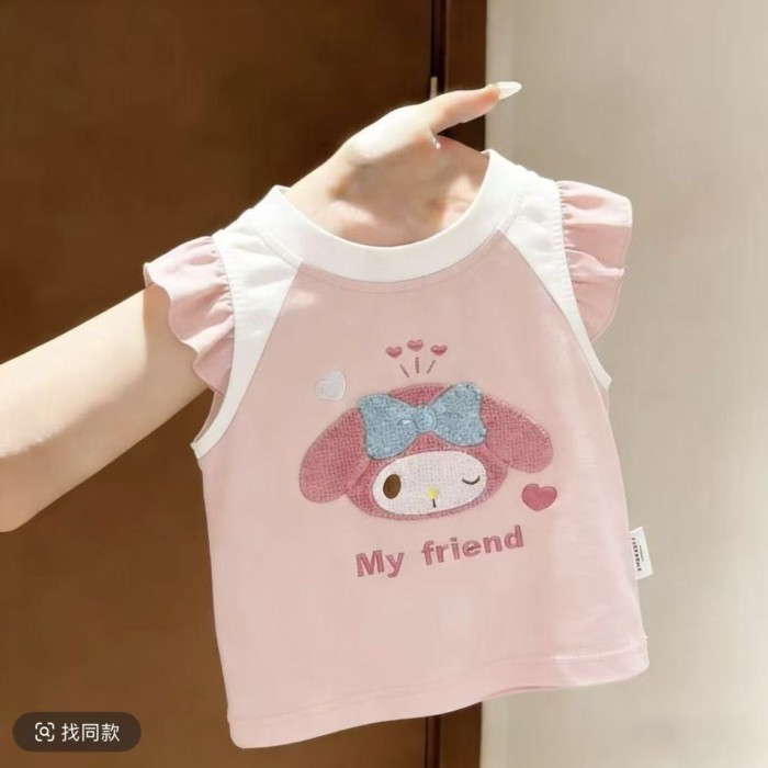 Summer New Style Girls Pure Cotton Cartoon Style T-shirt Children's Cute Sleeveless Printed V
