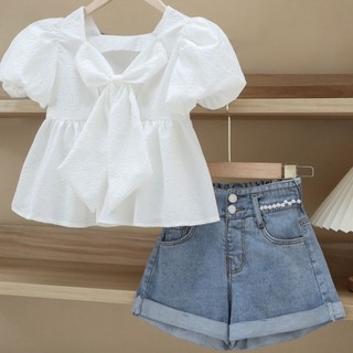Bé Gái Mùa Hè Ngọt Ngào Phong Cách Hàn Quốc Nơ Tay Phồng Babydoll
