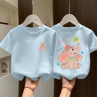 Áo thun cotton ngắn tay mùa hè hoạt hình hình con voi cho bé trai và bé gái với áo nửa tay rộn