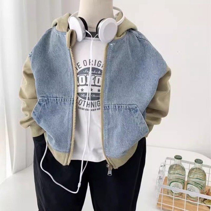 Áo khoác denim bé trai có mũ trùm đầu phong cách Hàn Quốc thời trang mới nhất