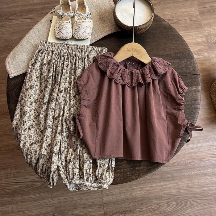 Bộ đồ hai mảnh bé gái mới, áo thun ngắn tay + quần dài hoa, bộ đồ Mori thời trang chống muỗi cho