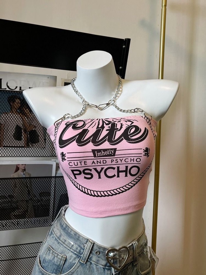 Hot Girl Chain Halter Pink Small Camisole Women's Summer Cool Pure Lust Style Short Bottoming