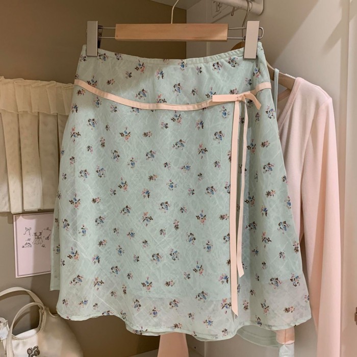 Sweet New Fresh Floral Skirt Korean Style Slimming Bow Tie Skirt