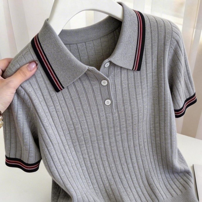 Áo sơ mi dệt kim màu xám sợi cotton phong cách Hàn Quốc mới, đa năng, thời trang, giảm béo, á