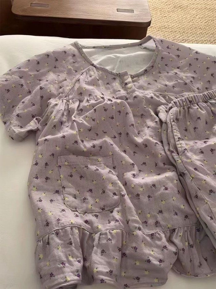 Bộ Đồ Ngủ Họa Tiết Hoa Màu Tím Ngọt Ngào Nữ Nhật Bản Tươi Ngắn Tay Quần Short Có Thể Mặc Bên