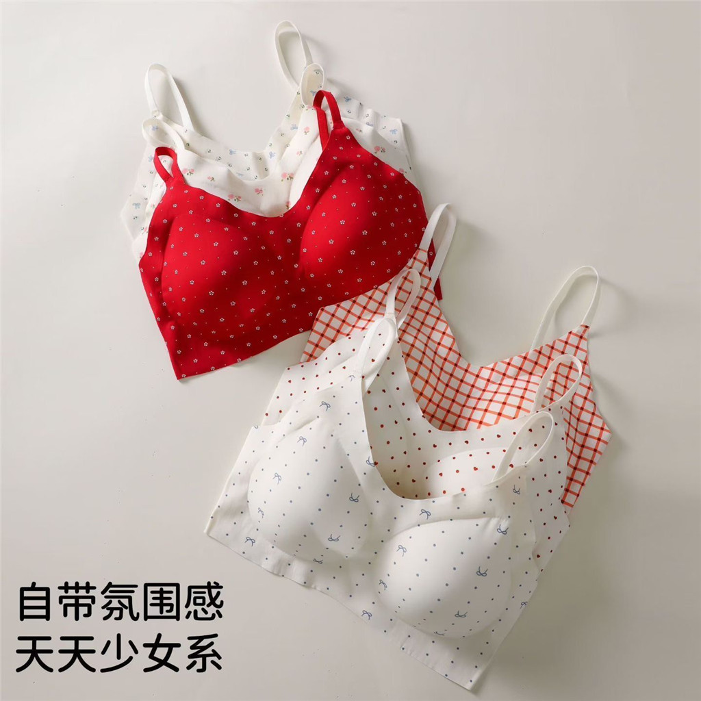 Áo Vest Mỏng Phong Cách Hoa Đỏ Cho Nữ Sinh Viên Ngực Nhỏ, Không Vòng Thép