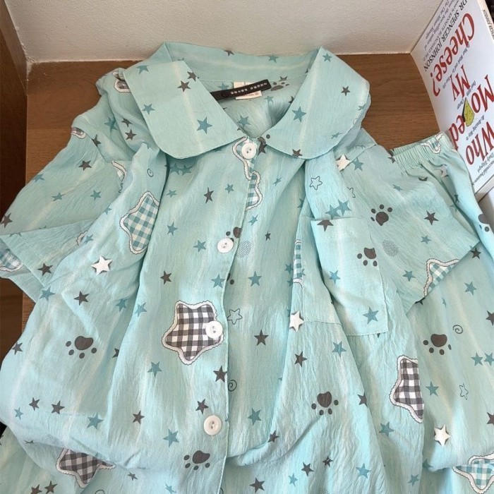 Phong Cách Văn Học Cloud Cotton Mùa Hè Xanh Bạc Hà Ngôi Sao Cardigan Bộ Đồ Ngủ Nữ Ngắn Tay Qu