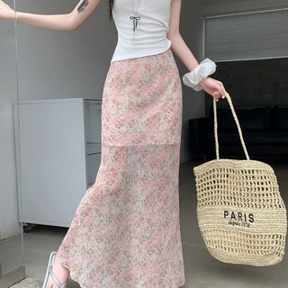 Người nổi tiếng mùa hè Váy dài màu hồng hoa Pháp mới của phụ nữ Váy đuôi cá eo cao thời trang và