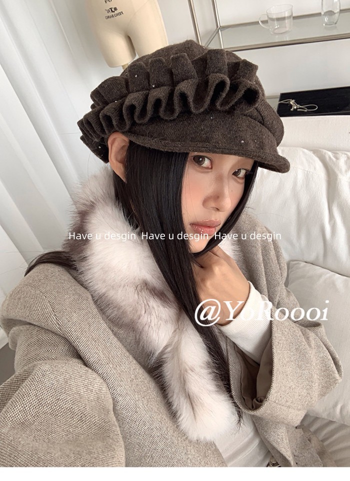 Mũ nữ thời trang mới với thiết kế ren hình bát giác xếp ly, phù hợp thu đông, giữ ấm tốt