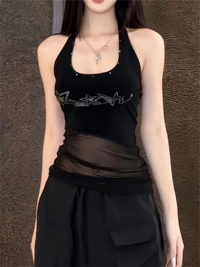 American Retro Hottie Hot Diamond Halterneck Camisole Women's Summer Outer Wear Slim Mesh Spl